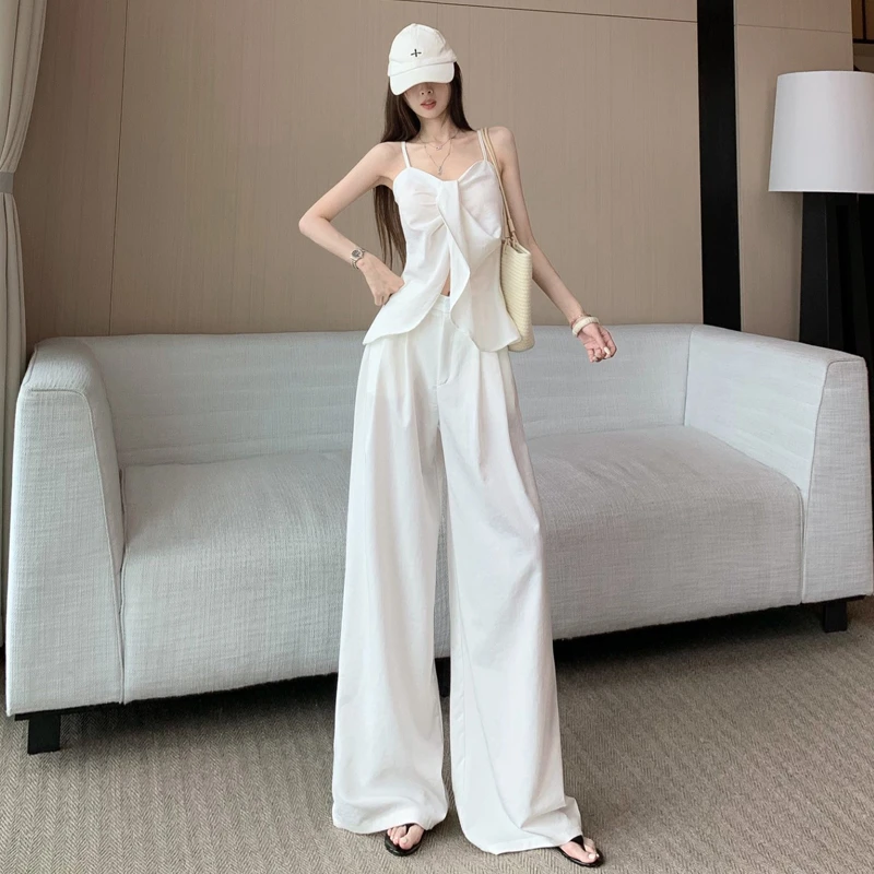 法式浪漫风天丝亚麻套装女夏设计感蝴蝶结别致吊带+阔腿裤两件套