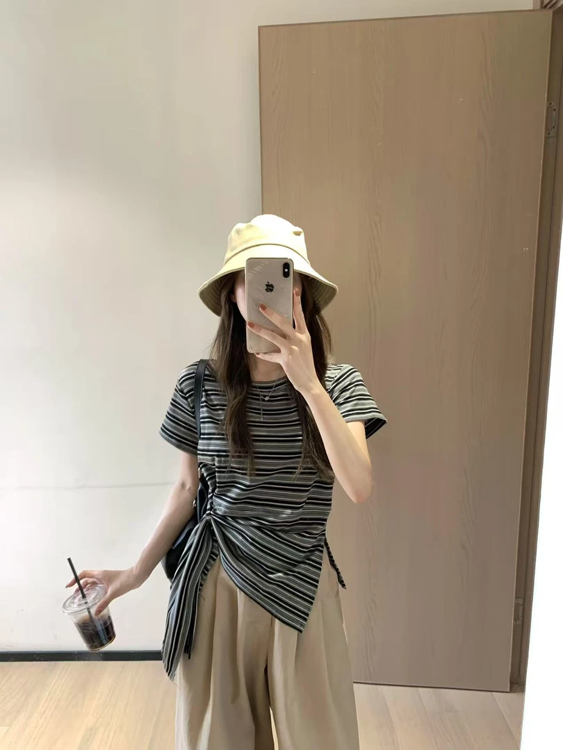 韩11条纹绑带收腰露显比例设计款短袖上衣87668