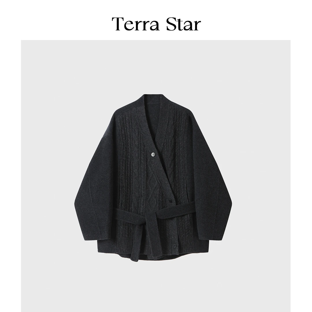 星壤 TERRA STAR山羊绒混纺灰色双面呢拼接针织开衫毛呢外套 002x
