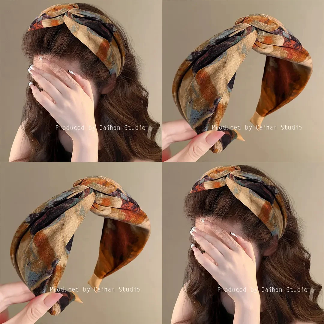 江枫渔火~复古油画扎染发箍女2025新款气质交叉高颅顶头箍发饰