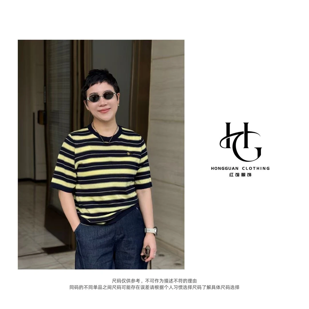H·G【笑脸条纹T】2389 新款百搭圆领拼色笑脸条纹半袖T