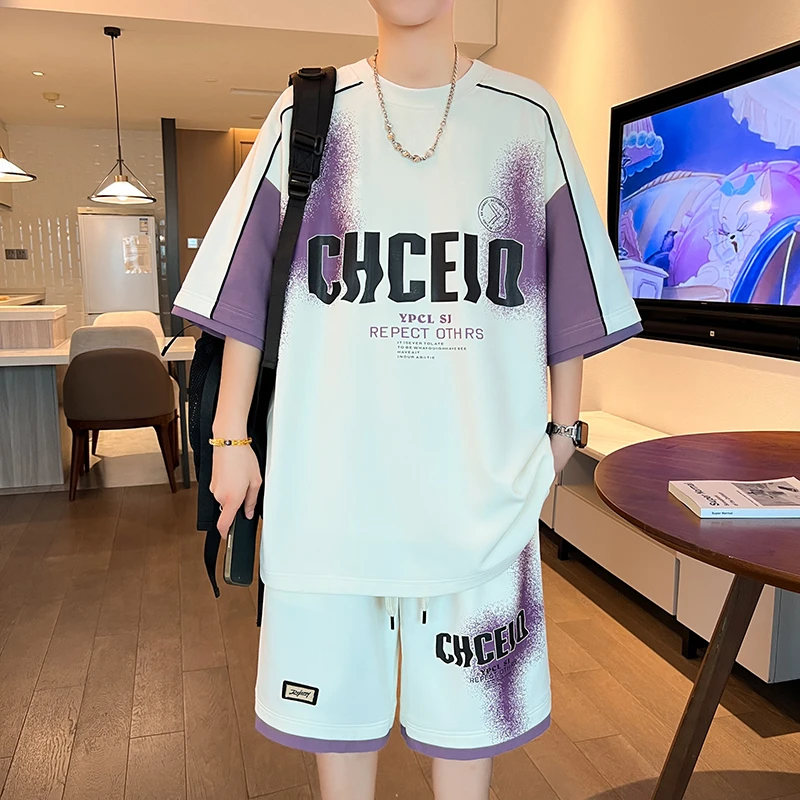 夏季款男士短袖T恤套装青少年学院风百搭宽松学生运动休闲两件套