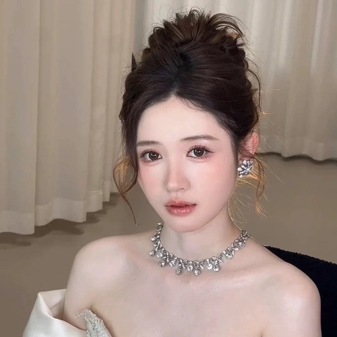 合金合成锆石项链 蝴蝶结镶钻项链耳钉套装超仙名媛气质礼服宴会