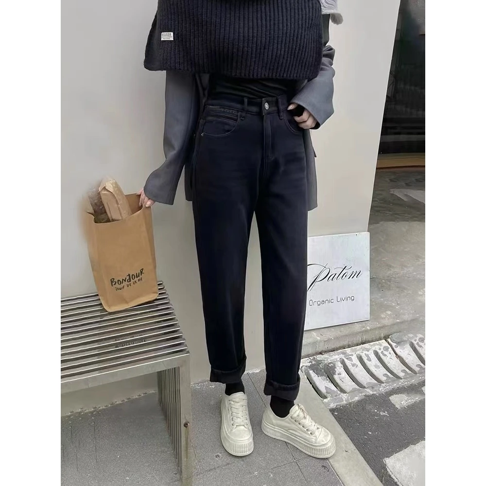 16756-薄绒加厚哈伦牛仔裤女新款宽松遮肉显瘦老爹裤