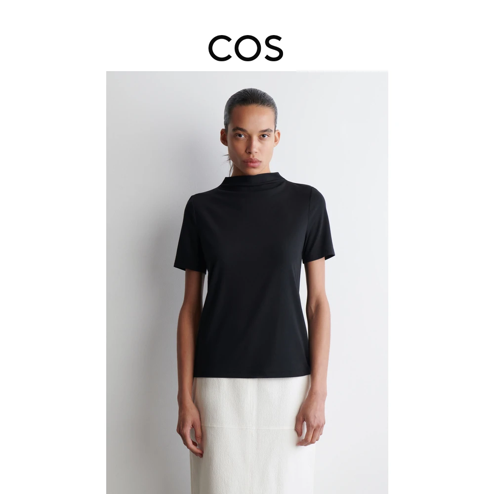 COS女装 修身版型垂褶立领T恤黑色2025秋季新品1283290001