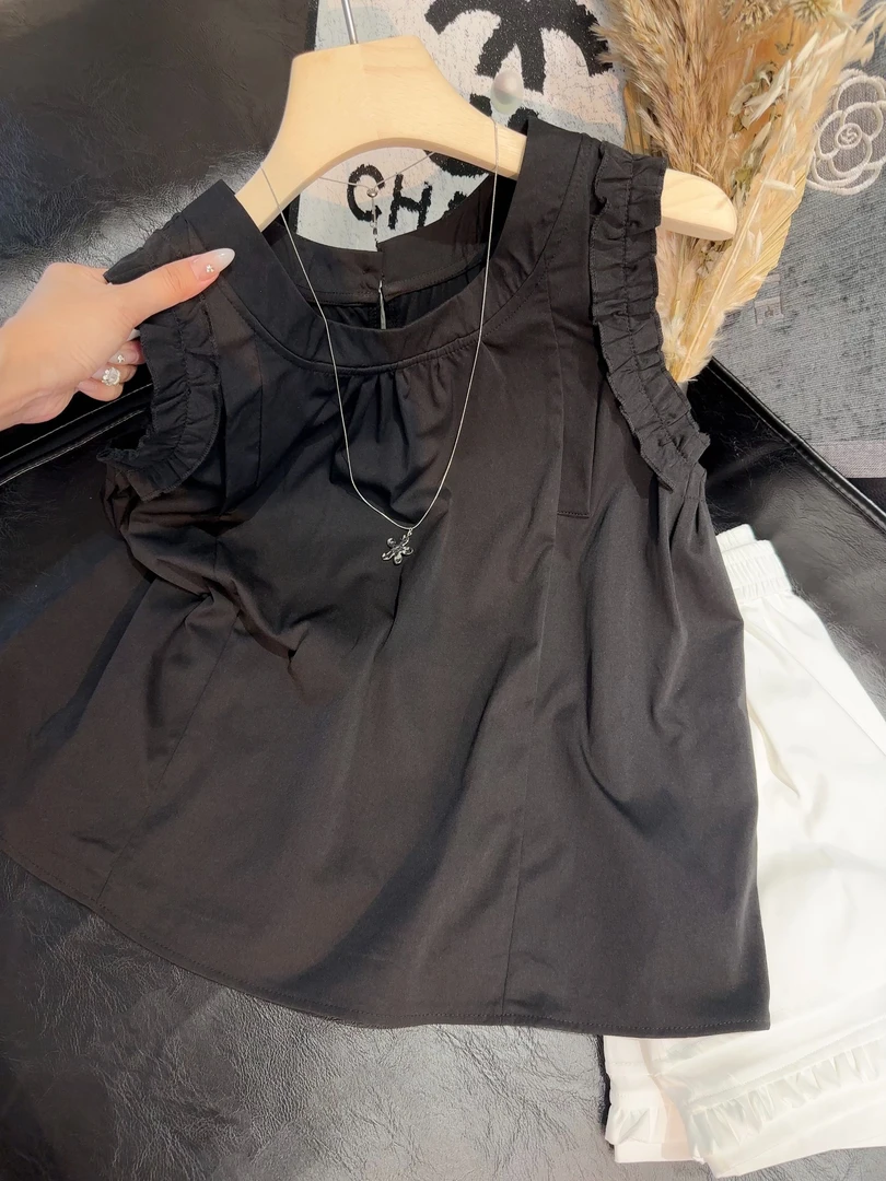 法式重工压褶花边黑色背心衬衫女夏2025新款气质显瘦小衫无袖上衣