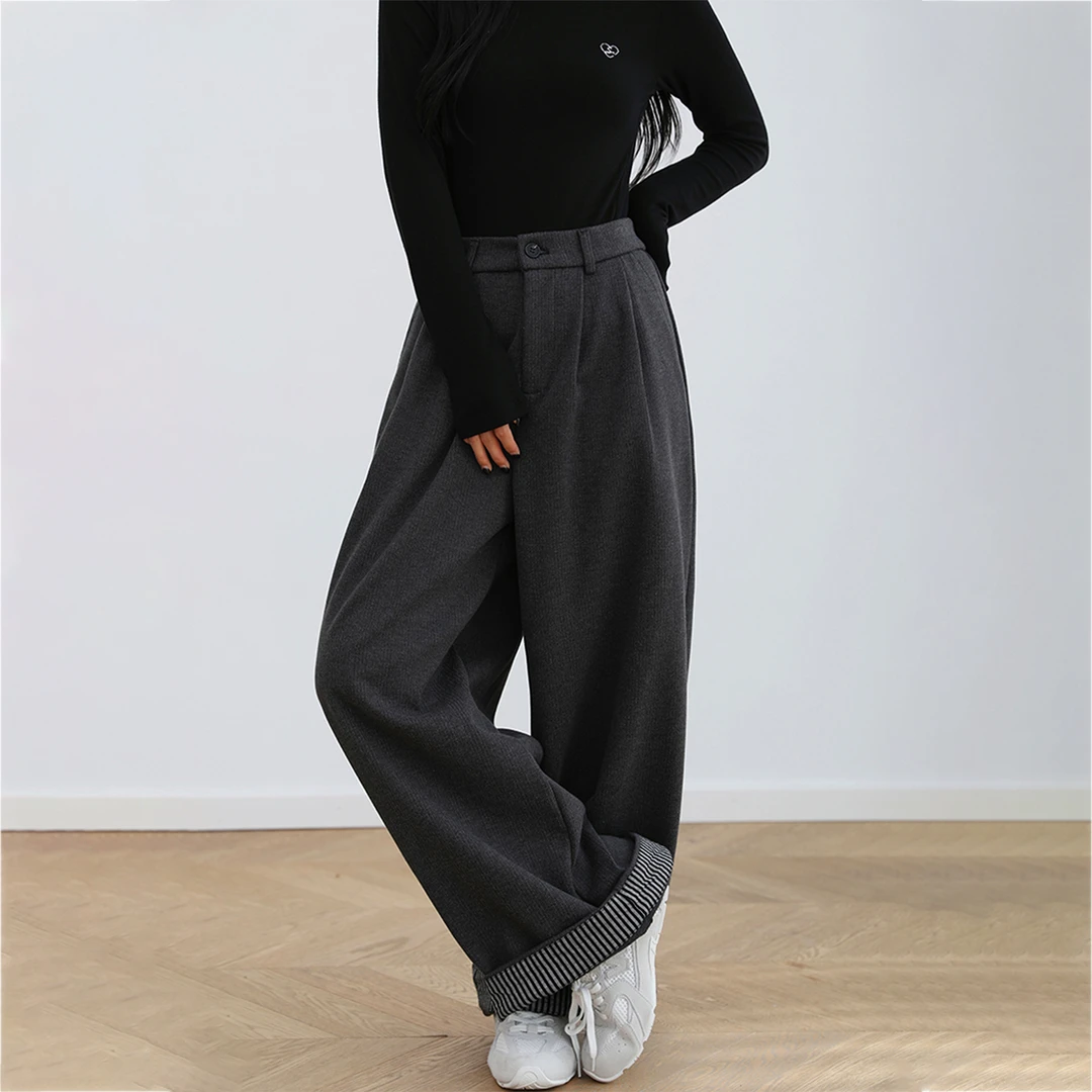 大码深灰色直筒阔腿休闲裤女秋季款梨形身材高腰宽松显瘦卷边长裤