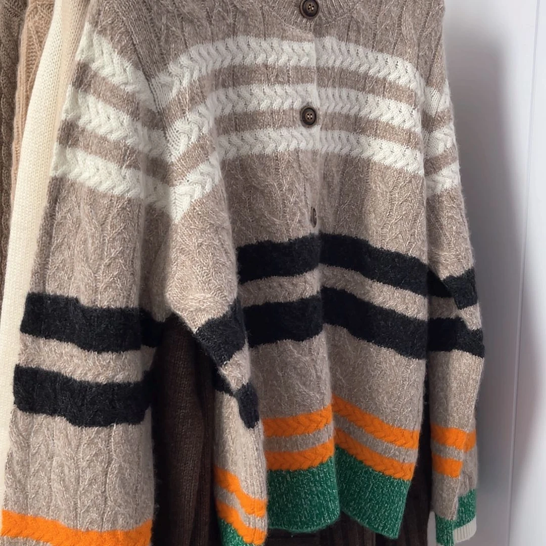 花纱 条纹 拼色 羊绒开衫