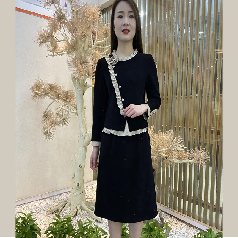 春季时尚假两件木耳边减龄连衣裙女2025新款气质显瘦中长女士裙子