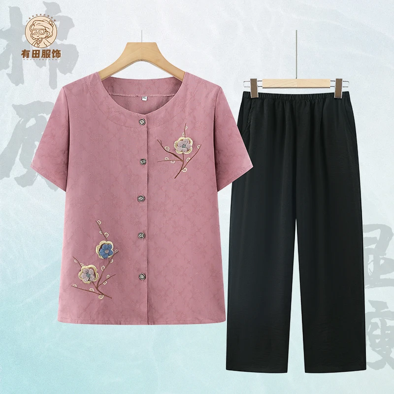 60-80岁宽松中老年妈妈装棉上衣透气短袖开衫气质老人夏季套装