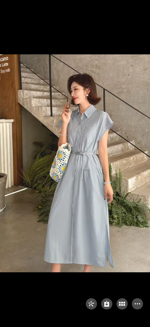 法式时尚翻领短袖收腰显瘦衬衫系带通勤连衣裙