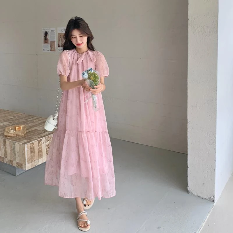 2025夏季新款法式气质浪漫印花系带连衣裙女设计感复古浪漫连衣裙