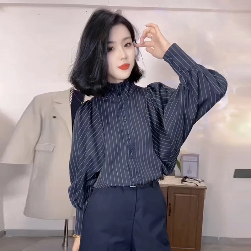 大码女装时尚通勤纯色衬衫早春新款半高领宽松遮肉轻熟风上衣潮