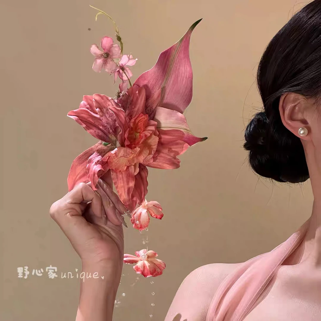 旖旎花境 氛围感百合花朵发夹女侧边夹发卡头花旗袍配饰度假发饰