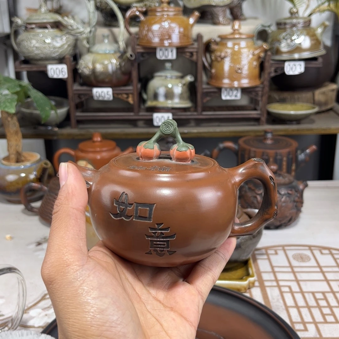 220cc古铜色柿子壶，建水紫陶全手工制作