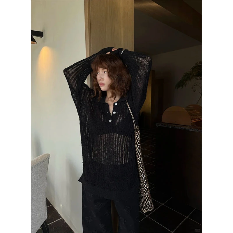 秋季新款法式时尚镂空气质百搭慵懒V领排扣长袖高腰休闲牛仔裤女