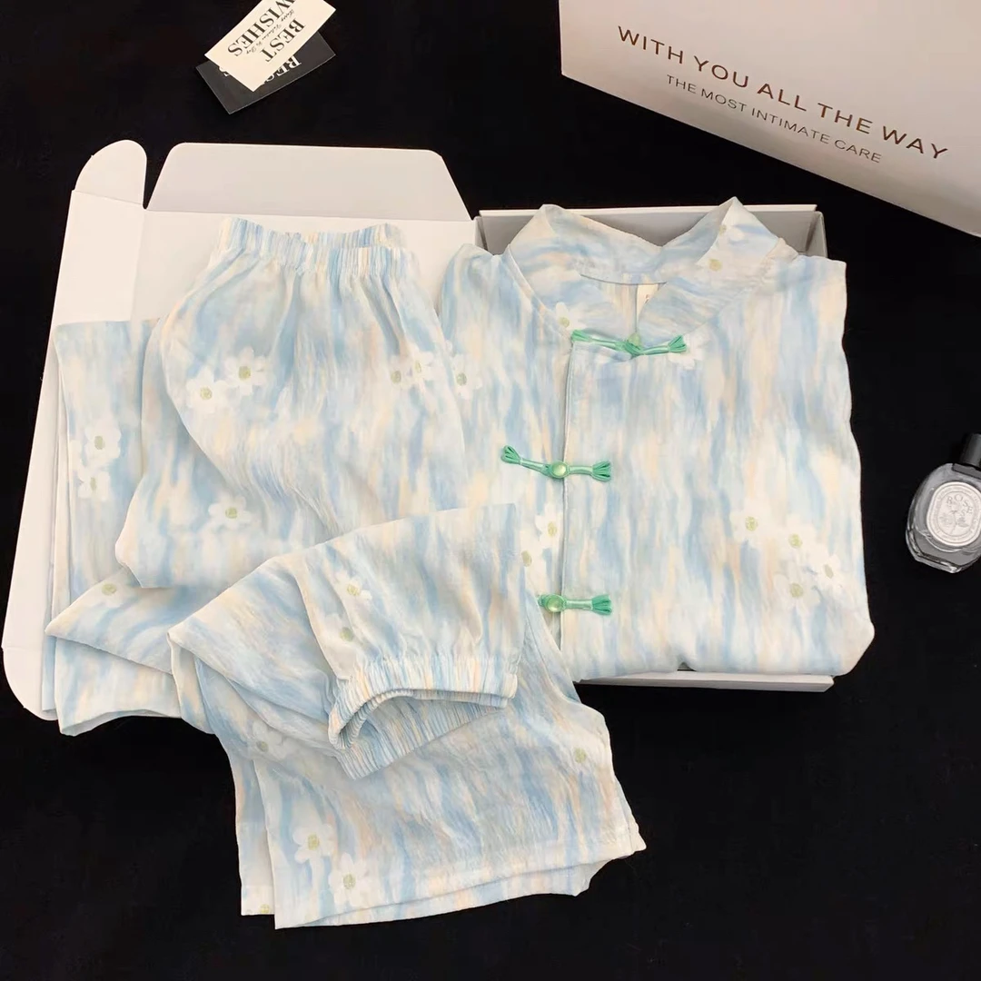 【R685】夏款梦幻蓝国风小飞袖短裤+长裤三件套+胸垫套装