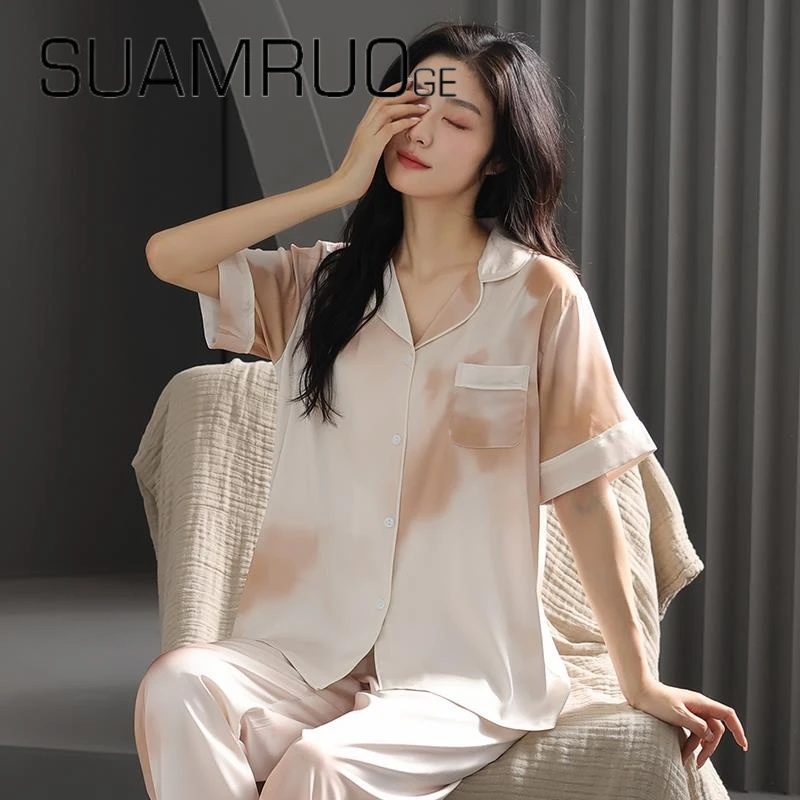 韩版薄款睡衣女款高级感夏季女短袖长裤丝绸冰丝凉感家居服套装