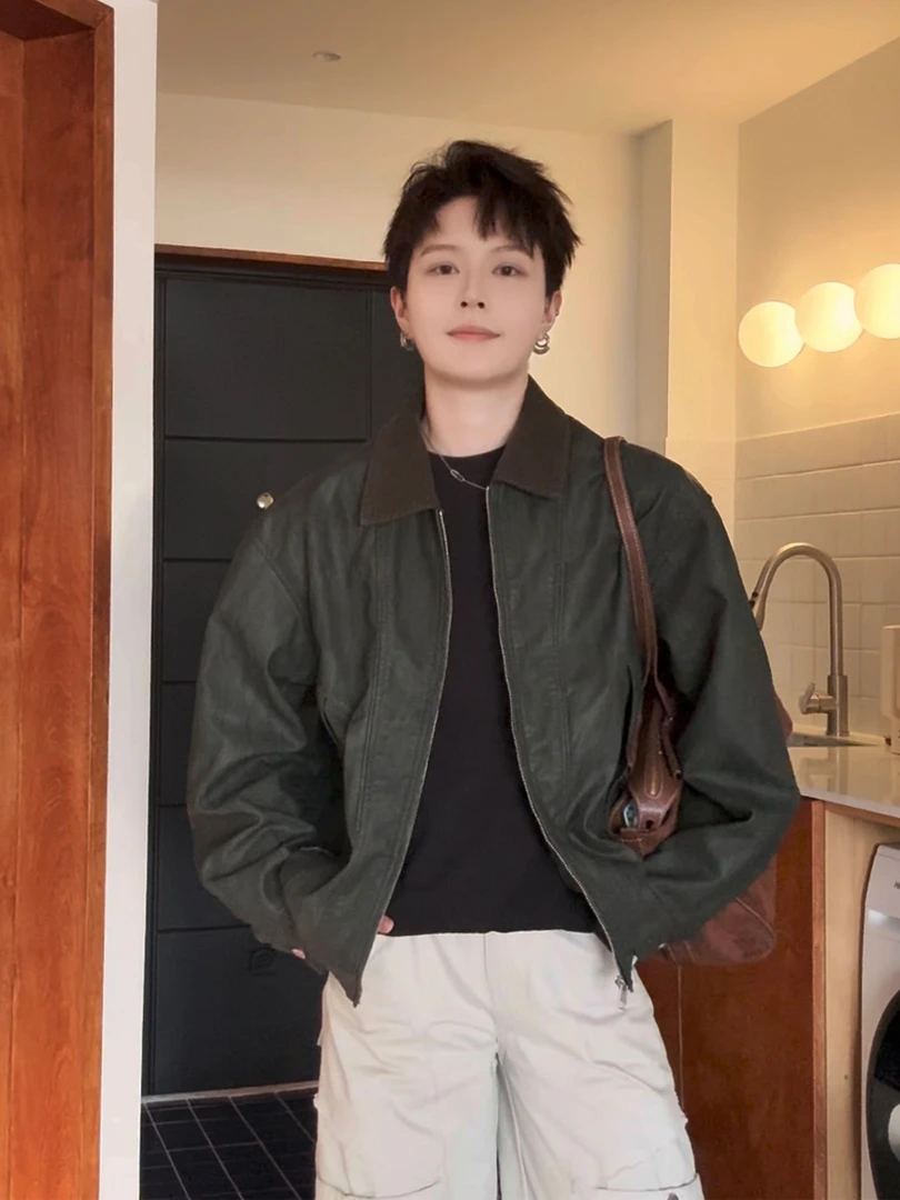 时尚港风拼接百搭复古潮流外套秋季潮流男士帅气高端休闲翻领皮衣