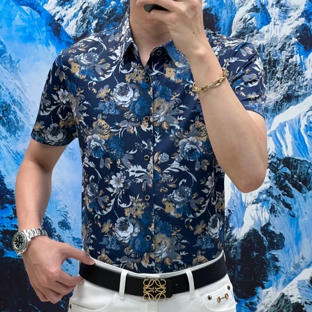 桑蚕丝莱赛尔印花男士时尚百搭短袖格子衬衫轻奢设计