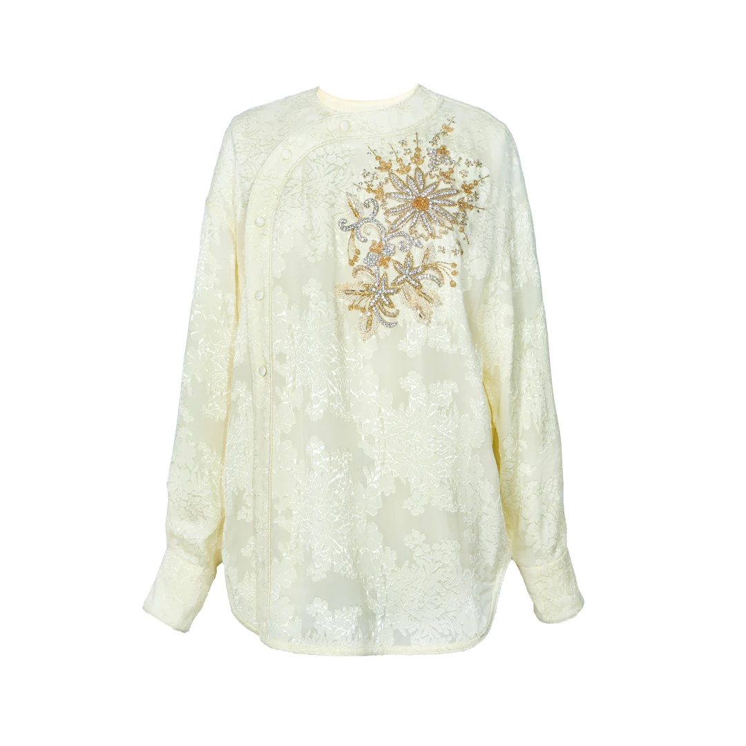 【甄选折扣】JUNYANG杨君 黄白游提花中式圆领斜门襟珠绣衬衫