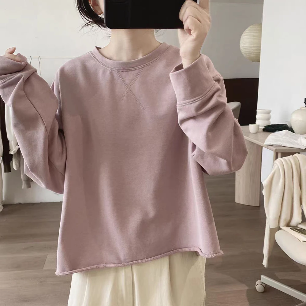 春秋新款设计感卷边毛边卫衣女宽松显瘦复古套头棉质简约短款上衣