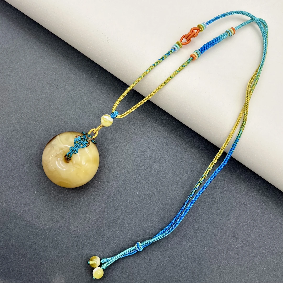 【润家原创】天然琥珀蜜蜡白花蜡平安扣手工精编绳吊坠27.5g#6648