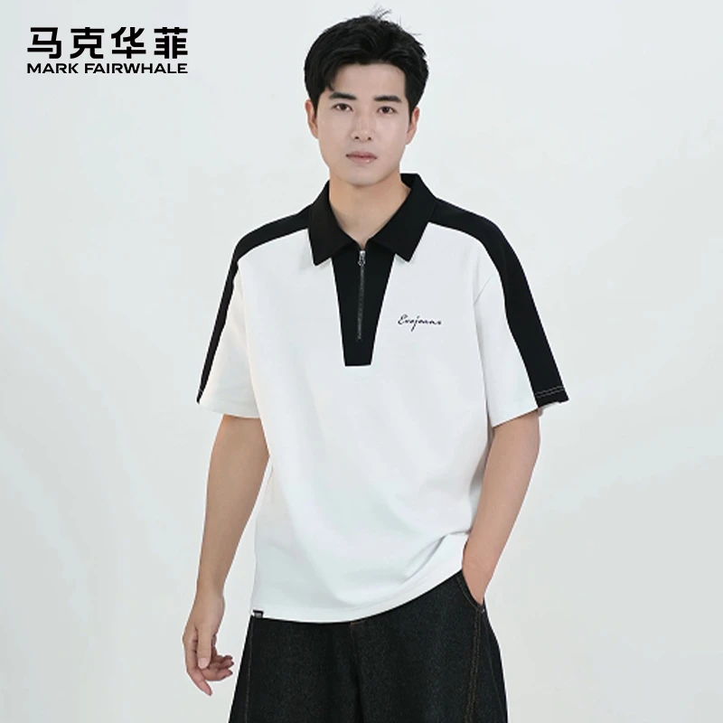 MARK FAIRWHALE/马克华菲翻领polo半拉链短袖t恤撞色刺绣男士上衣