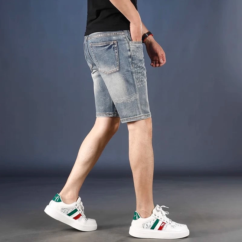 高级感印花牛仔短裤男款爆款2025新款夏季薄款修身直筒休闲五分裤