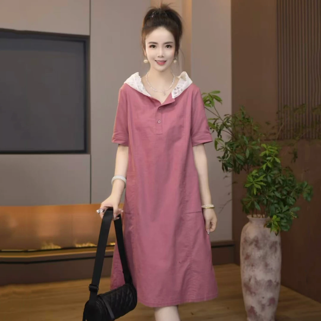 9085夏季新款休闲宽松显瘦气质短袖带帽连衣裙女
