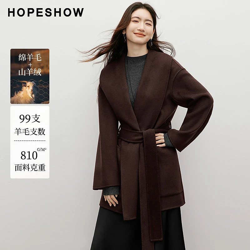 红袖2025冬季新款女装 浴袍式落肩长袖翻领双面呢大衣90125310808