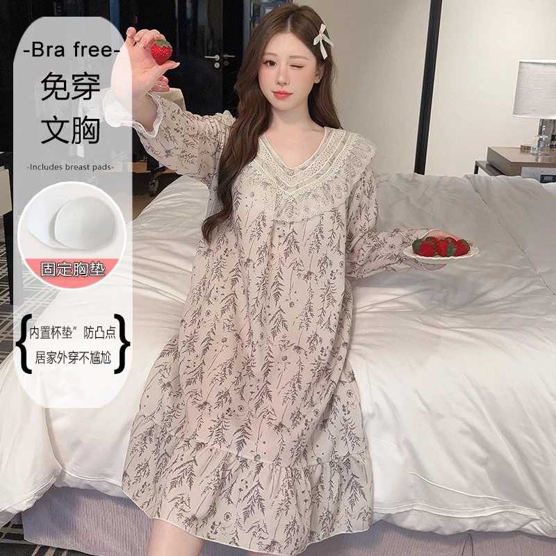 珍珠棉碎花睡裙女带胸垫春秋套头长袖大码胖mm200斤防凸点家居服