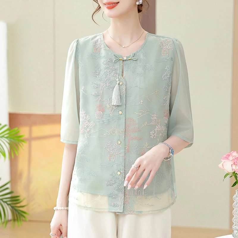 母亲节中年妈妈夏装新中式七分袖上衣夏季中老年女气质显瘦两件套