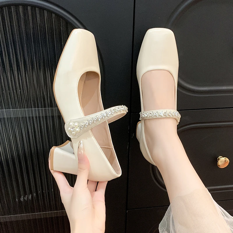 玛丽珍鞋单鞋女2025夏季新款粗跟水钻气质百搭时尚法式单鞋高跟鞋