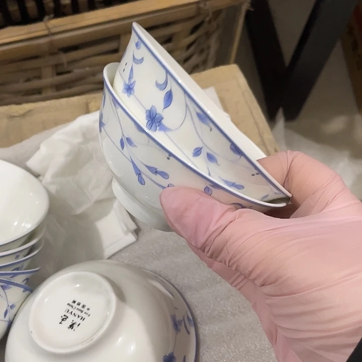 瓷片汉玉小蓝花米饭碗一对