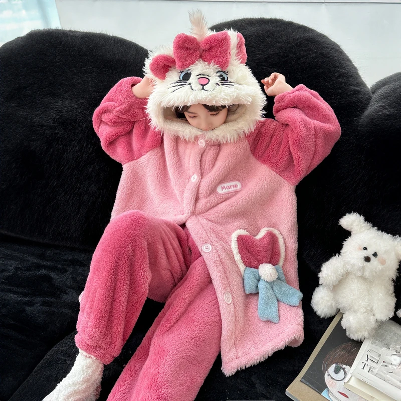 女童冬季加绒家居服2025新款儿童保暖连帽长款珊瑚绒大童睡衣套装