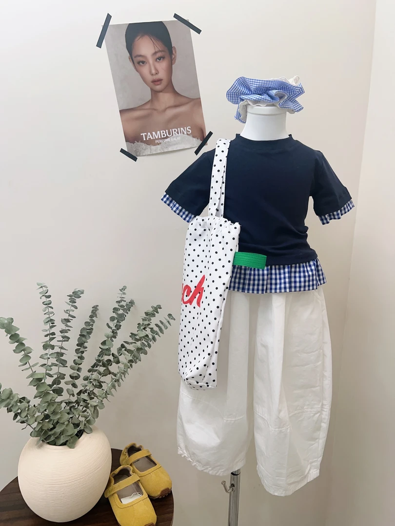 小言-2025夏季新款女童拼接格子圆领短袖T恤设计感宽松休闲裤套装