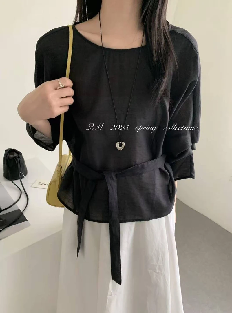 YYSTATIONS 蝴蝶结系带百搭中袖小衫-02518