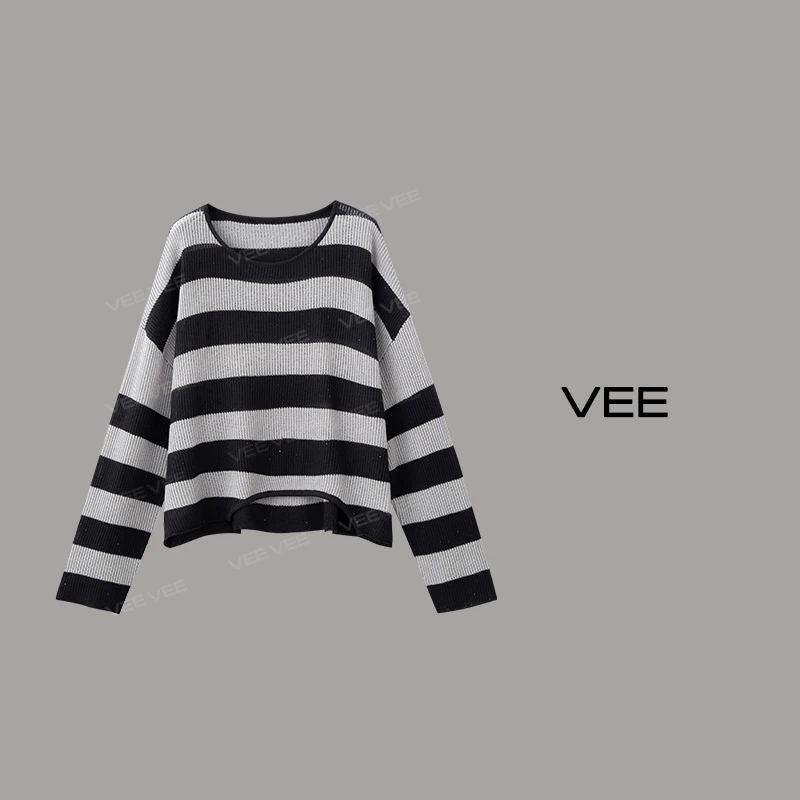 VEE【弧线】新款圆领休闲百搭撞色宽松慵懒风条纹套头针织衫