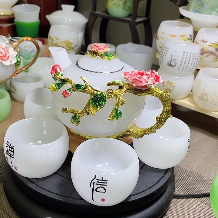 琉璃中式珐琅彩牡丹花一壶六杯礼盒套装