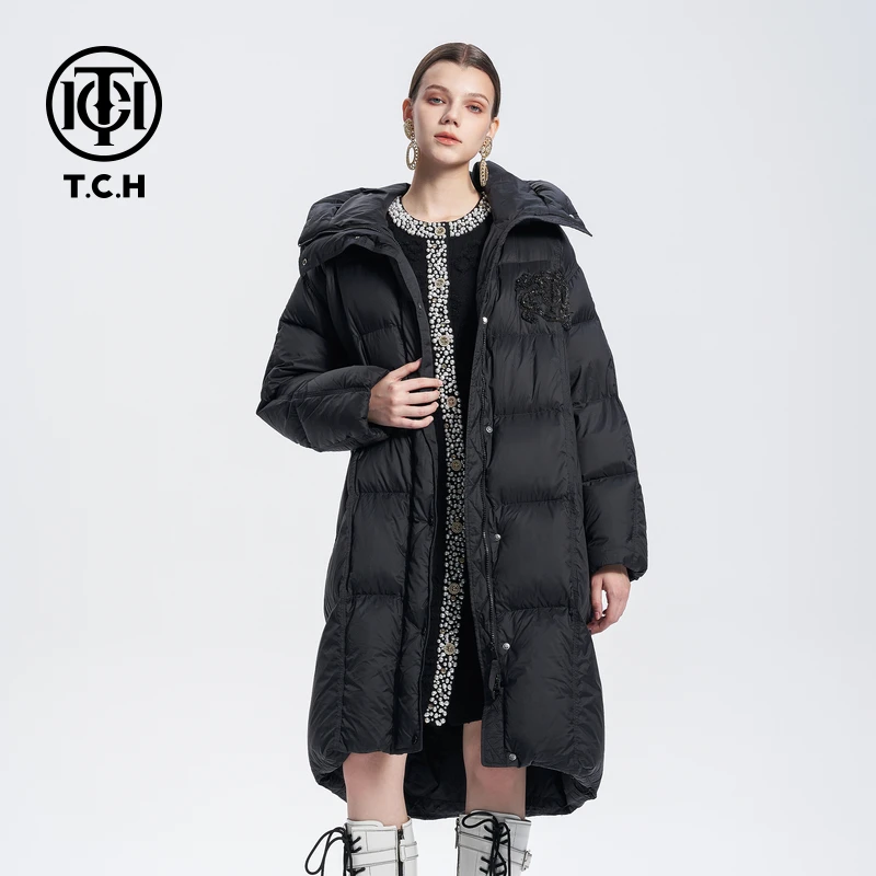 轻奢-TCH24风黑色长款洋气羽绒服烫钻防寒保暖面包服T72D198055