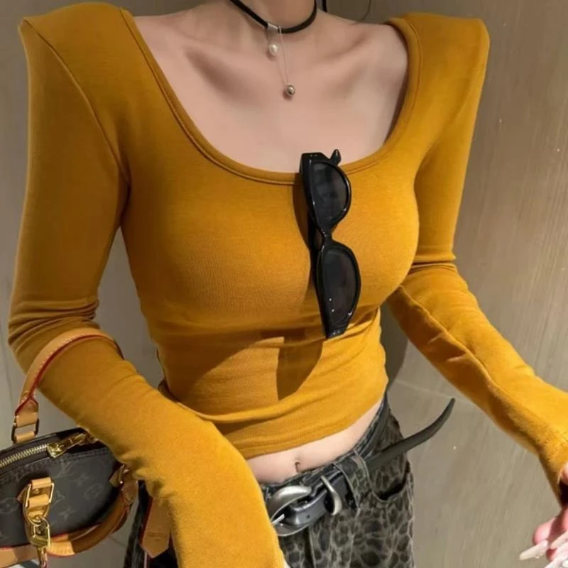 2026春秋新款性感纯欲风U领纯色百搭小众设计感修身显瘦长袖上衣