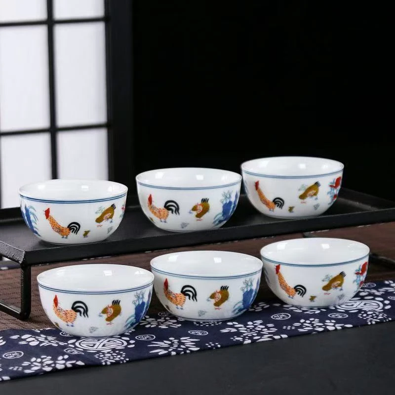 景德镇手绘大明鸡缸杯品茗杯