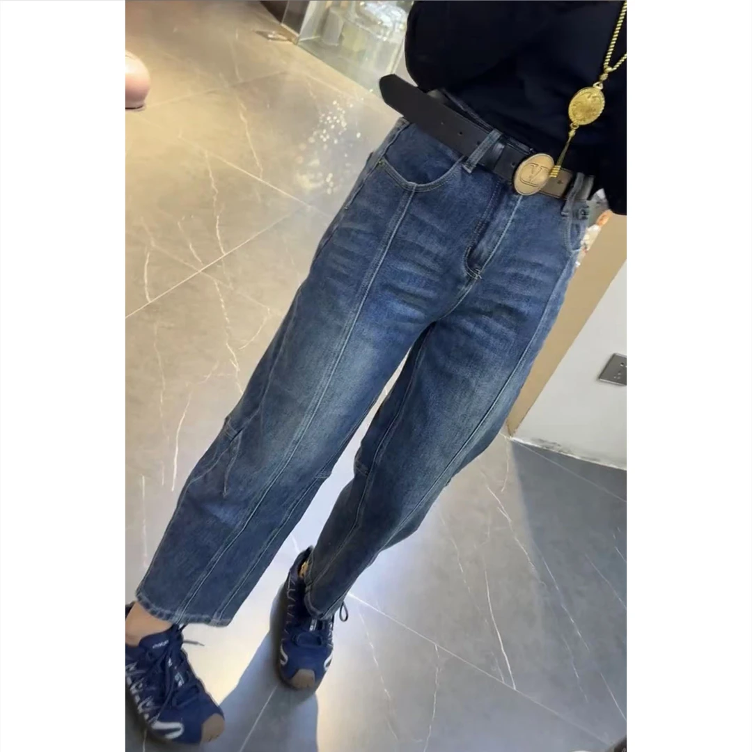 艾塔莉早秋新款牛仔裤束脚高腰做旧百搭秋季长裤直筒裤显瘦复古风