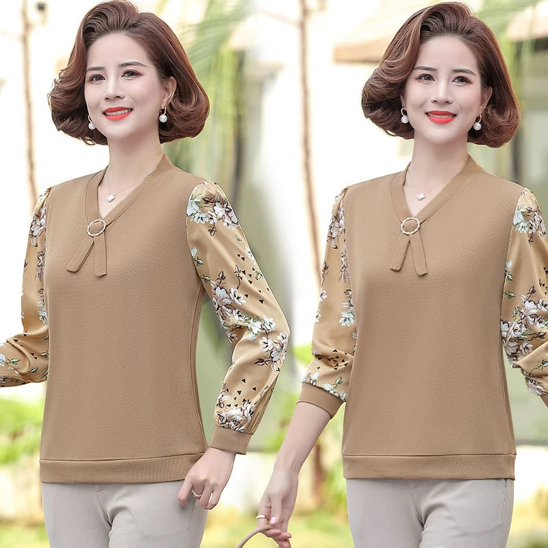 妈妈打底洋气小衫新款中老年女装春秋季拼接长袖T恤上衣减龄百搭