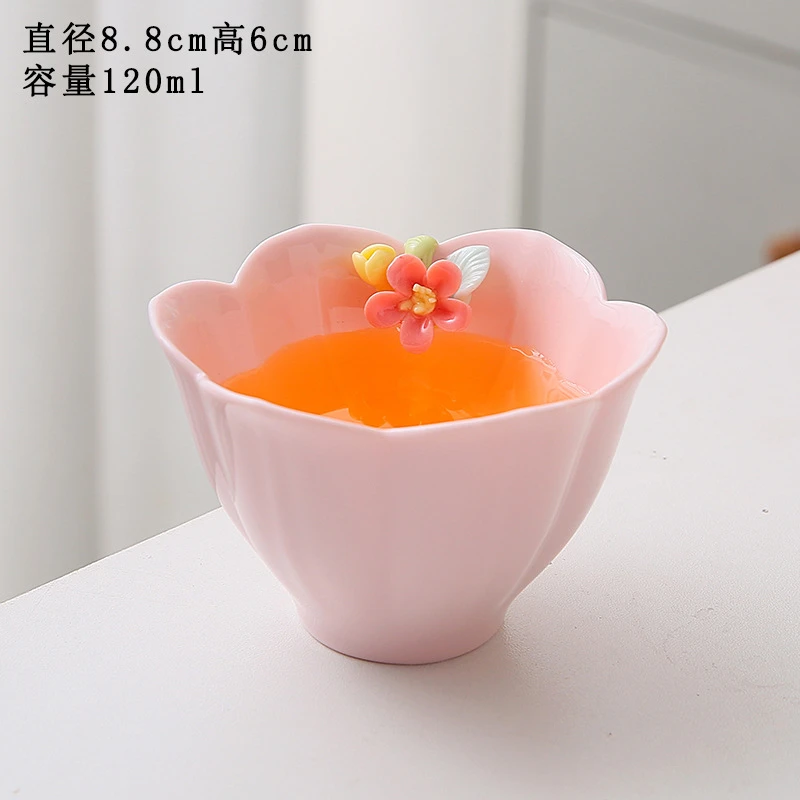 国潮主人杯粉色品茗杯女士主人杯手工捏花功夫茶杯花瓣陶茶具配件