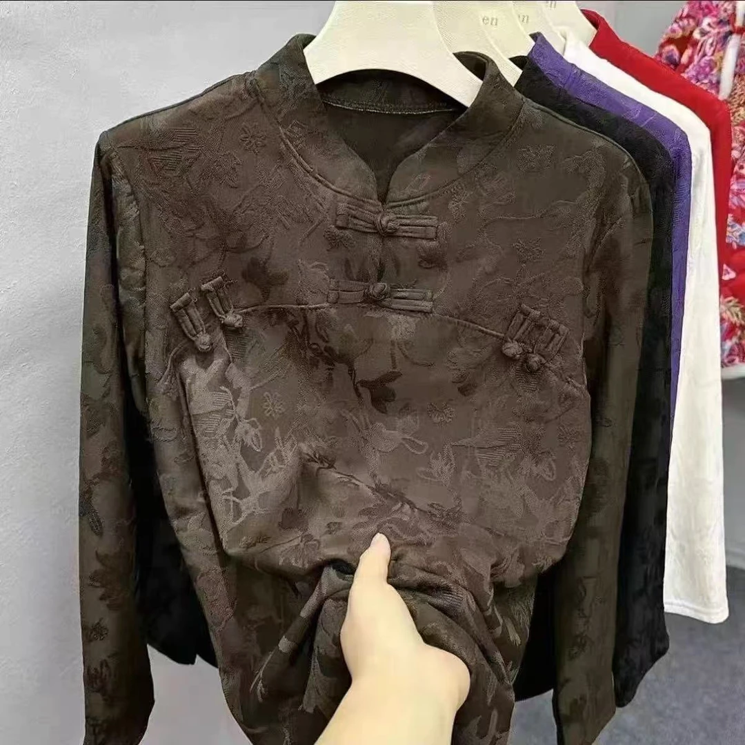 秋冬新款加绒中式国风盘扣提花长袖打底衫女修身显瘦内搭  029