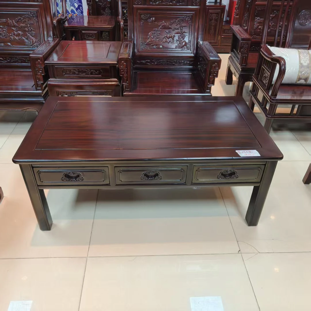酸枝木 洋花明式三抽大平几尺寸：长128宽69高51