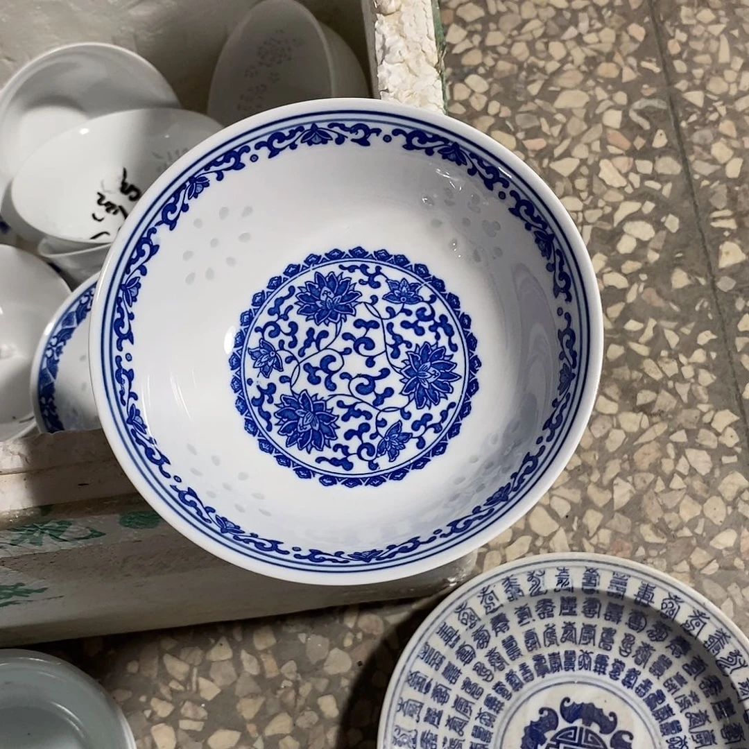 陶摆件6寸高温玲珑瓷碗2支