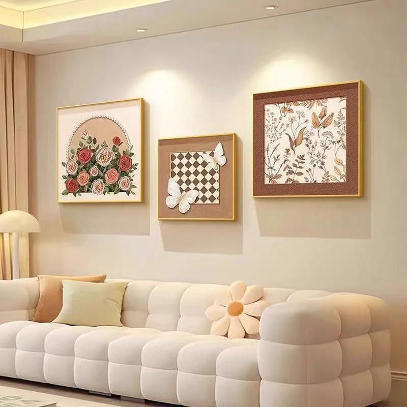 法式花卉奶油蝴蝶客厅装饰画复古卧室挂画正方组合壁画403